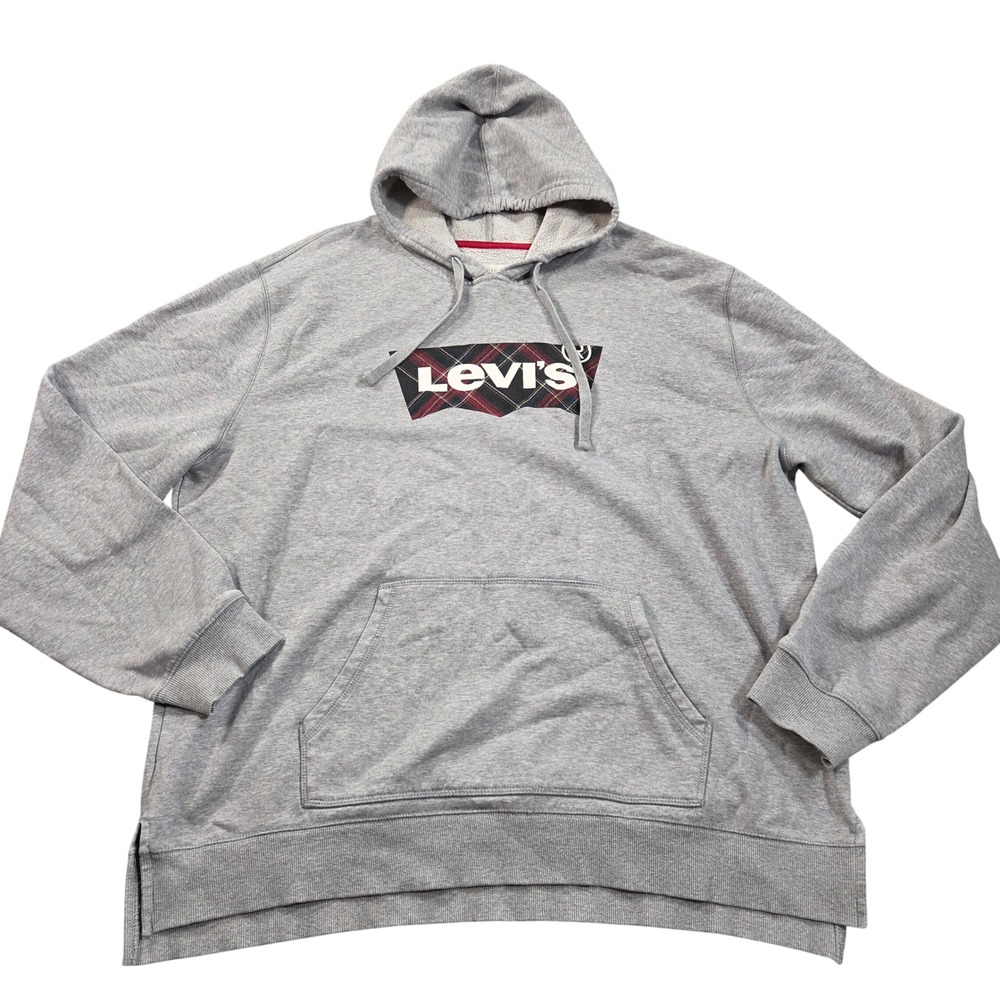 Levis Hoodie Mens 2XL Gray Plaid Batwing Logo Fleece Pullover Sweatshirt
